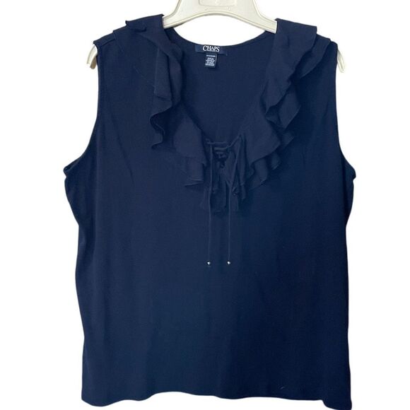 Chaps size 2X ruffled neckline lace up front 100% cotton knit tank top - Picture 1 of 4